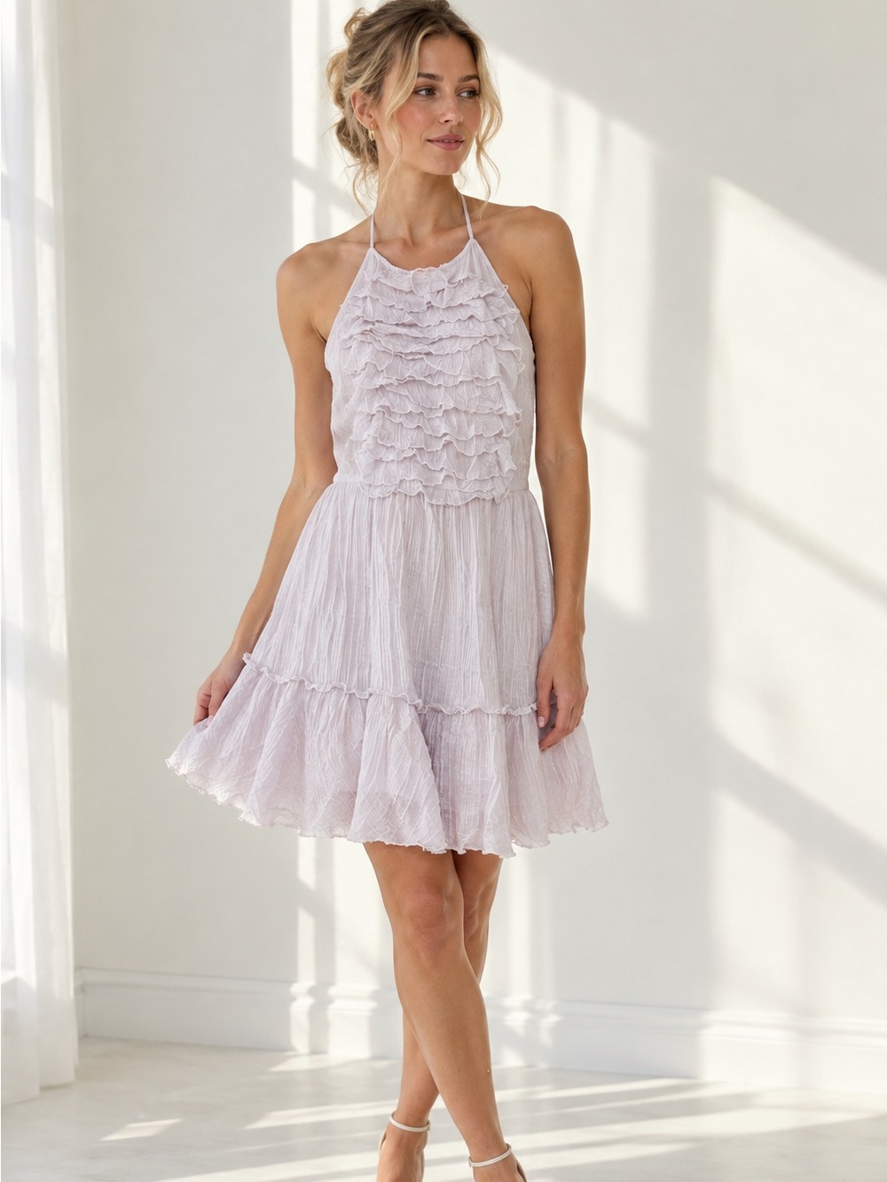 L'AGENCE Brie Silk Plissé Ruffle Halter Mini Dress Lilac Size 8